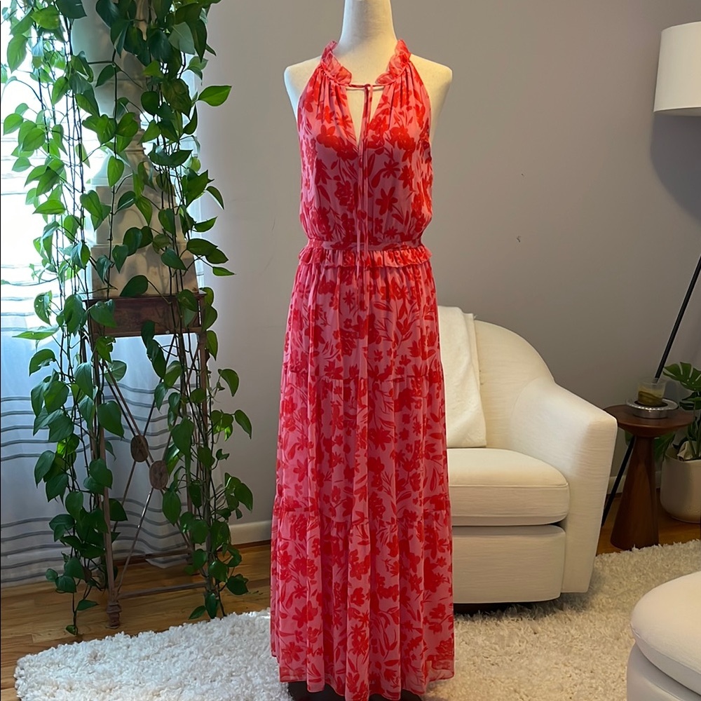Karl Lagerfeld Red Tie Front Ruched Maxi Dress